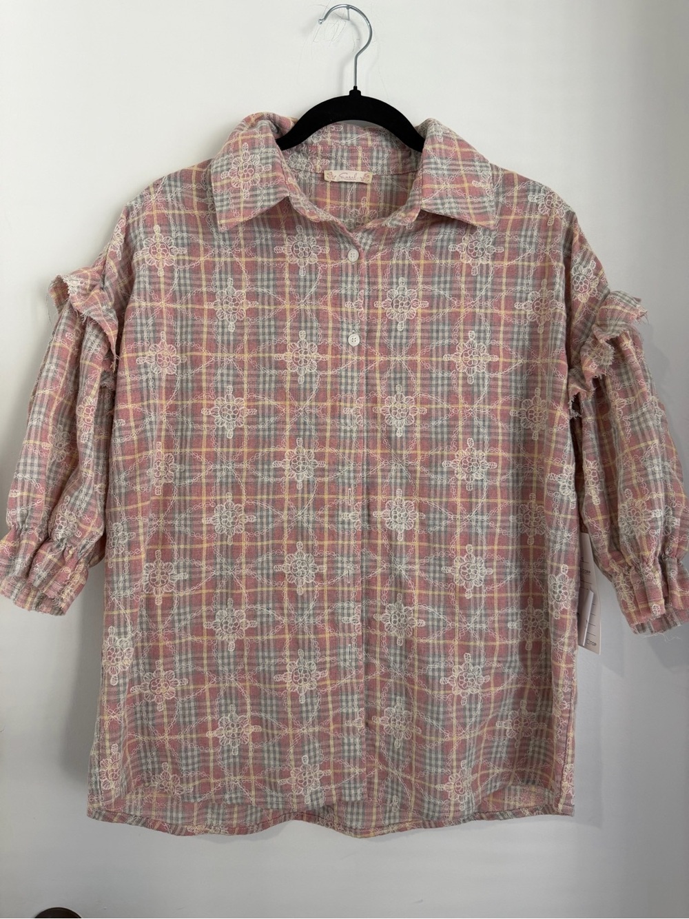 easel Pink Plaid Button-Down Shirt with White Lace Overlay NWOT